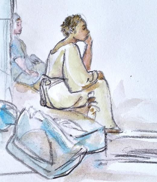 L'attente - Une jeune femme sur le marché de Grand Bassam - Mine de plomb et aquarelle - Cahier de dessin.jpg