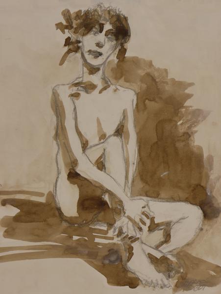 Nu assis au léger sourire - Mine de plomb et broux de noix - 40x30cm.JPG